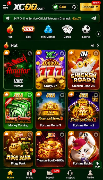 XC77 Game dashboard interface with casino games, slots, mini games, cards, and sports categories.