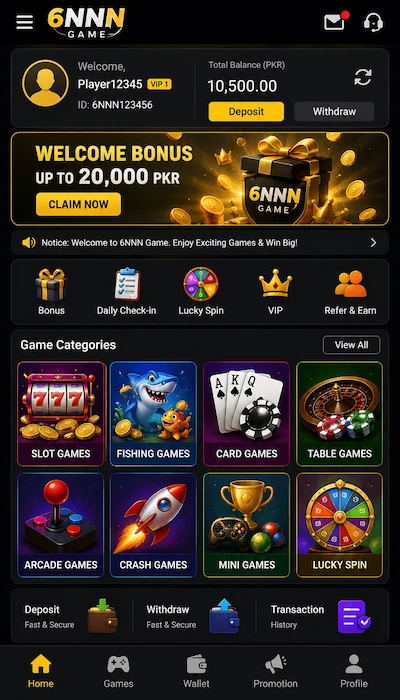 6NNN Game dashboard showing wallet, bonuses, and game categories