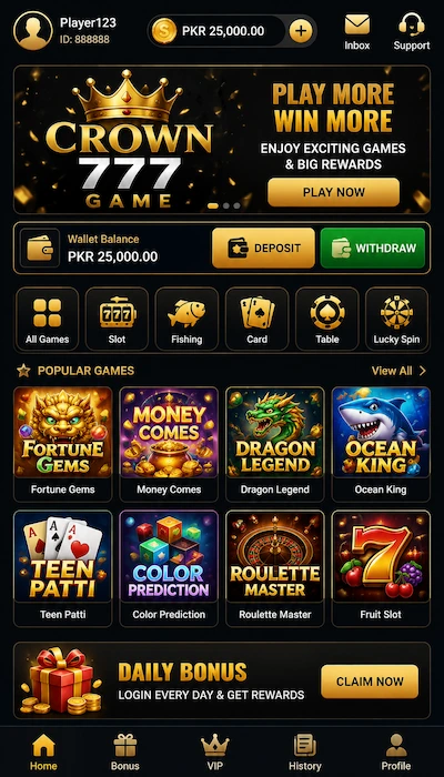 Crown777 Game dashboard showing wallet balance, deposit, withdraw, slot games, fishing, card games, and daily bonus.