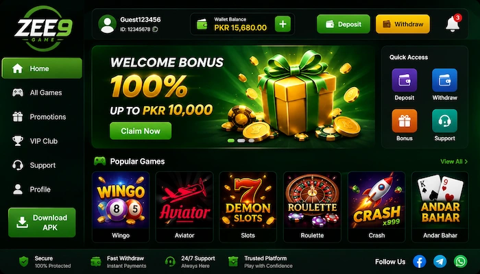 Zee9 Game dashboard with popular games and payment options